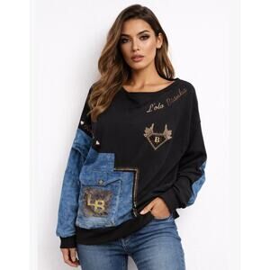 Lola Bianka Sweatshirt Large/XL Black Blue Denim Mixed Media Patchwork Y2K Glam